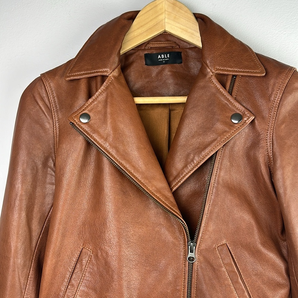ABLE Maha Soft Lamb Leather Jacket XS in Whiskey Brown Cropped Moto Zipper Cuffs - Picture 4 of 16
